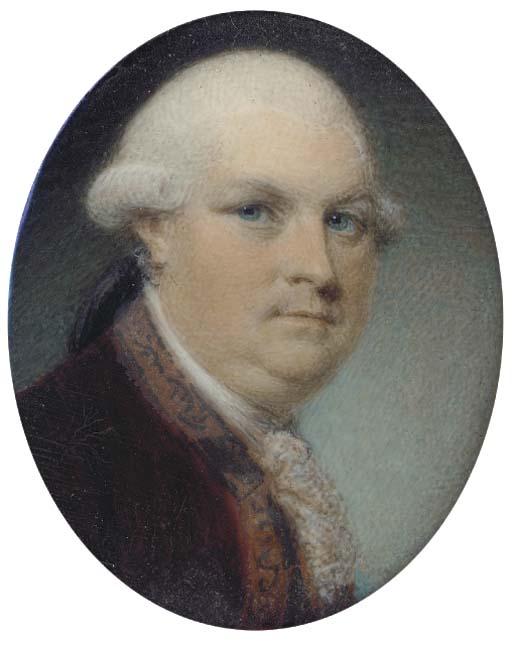 Samuel Shelley - A gentleman, in a maroon coat with embroidered border, his powdered hair en queue