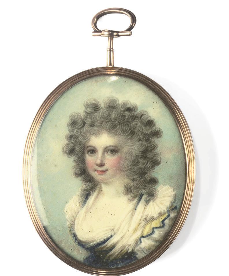 Samuel Shelley - A lady called Mrs William Bayly, in blue satin Van Dyck dress, yellow tabbed shoulder-wings, white chemise and starched linen Van Dyck collar, pearl strand and gauze scarf attached to her bodice, upswept powdered curling hair