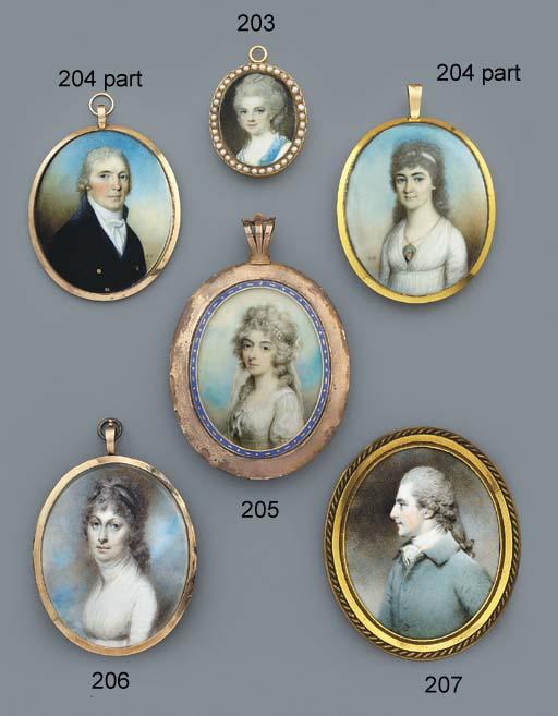 Samuel Shelley - A Young Lady, In Gold-Spotted White Dress With Lace-Bordered Light Blue Scarf Draped Over Her Shoulders, Pearls In Her Upswept, Powdered And Curled Hair