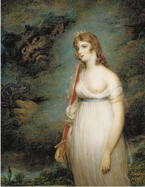 Samuel Shelley - Wisdom and the Fiend; a young lady three-quarter length in loose white dress revealing her left breast, holding a sword in her right hand, gold crown in her long brown hair; a monster grasping snakes appearing in the clouds