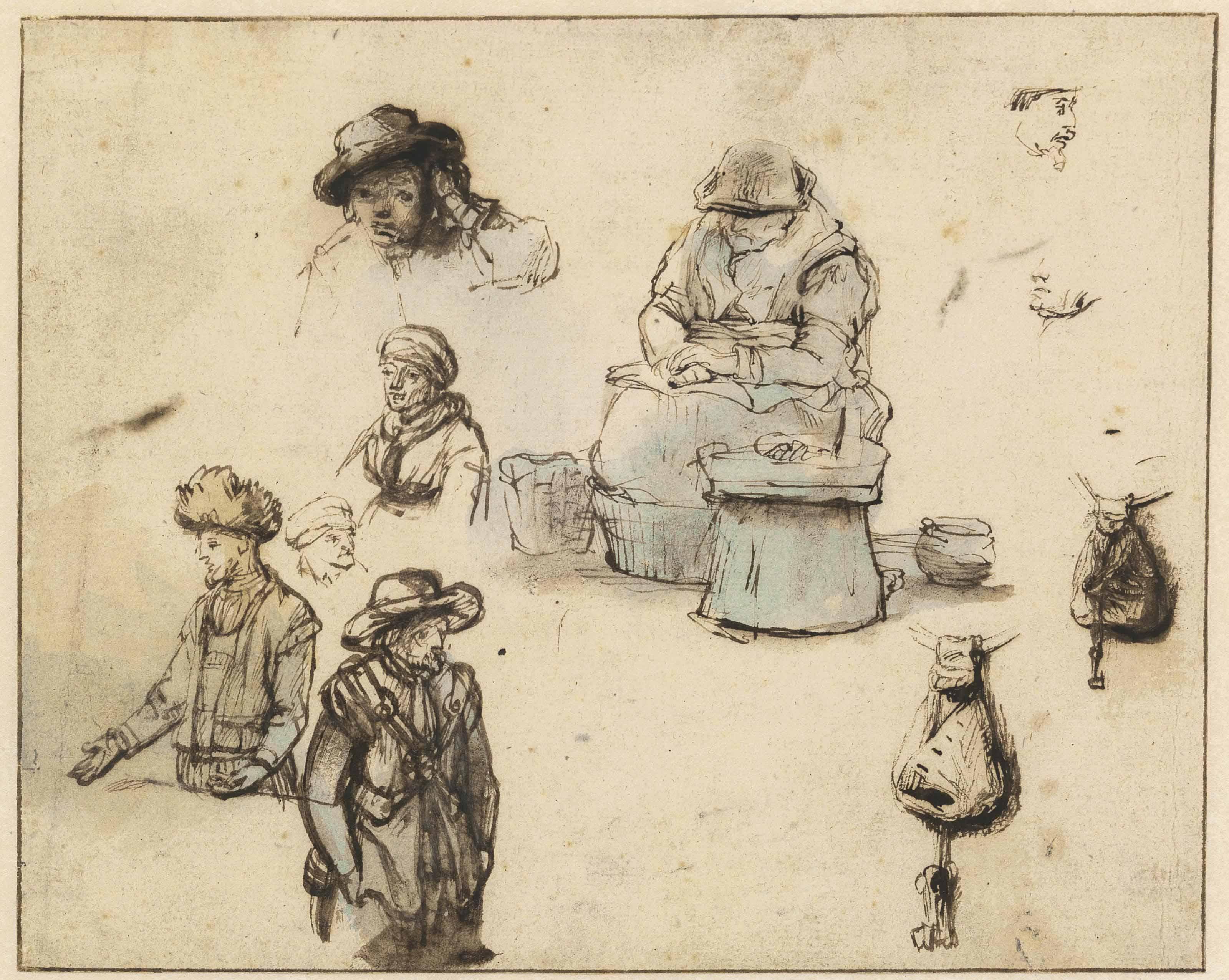 Samuel Van Hoogstraten - A Sheet Of Figure Studies, With Subsidiary Studies Of A Bag And Keys