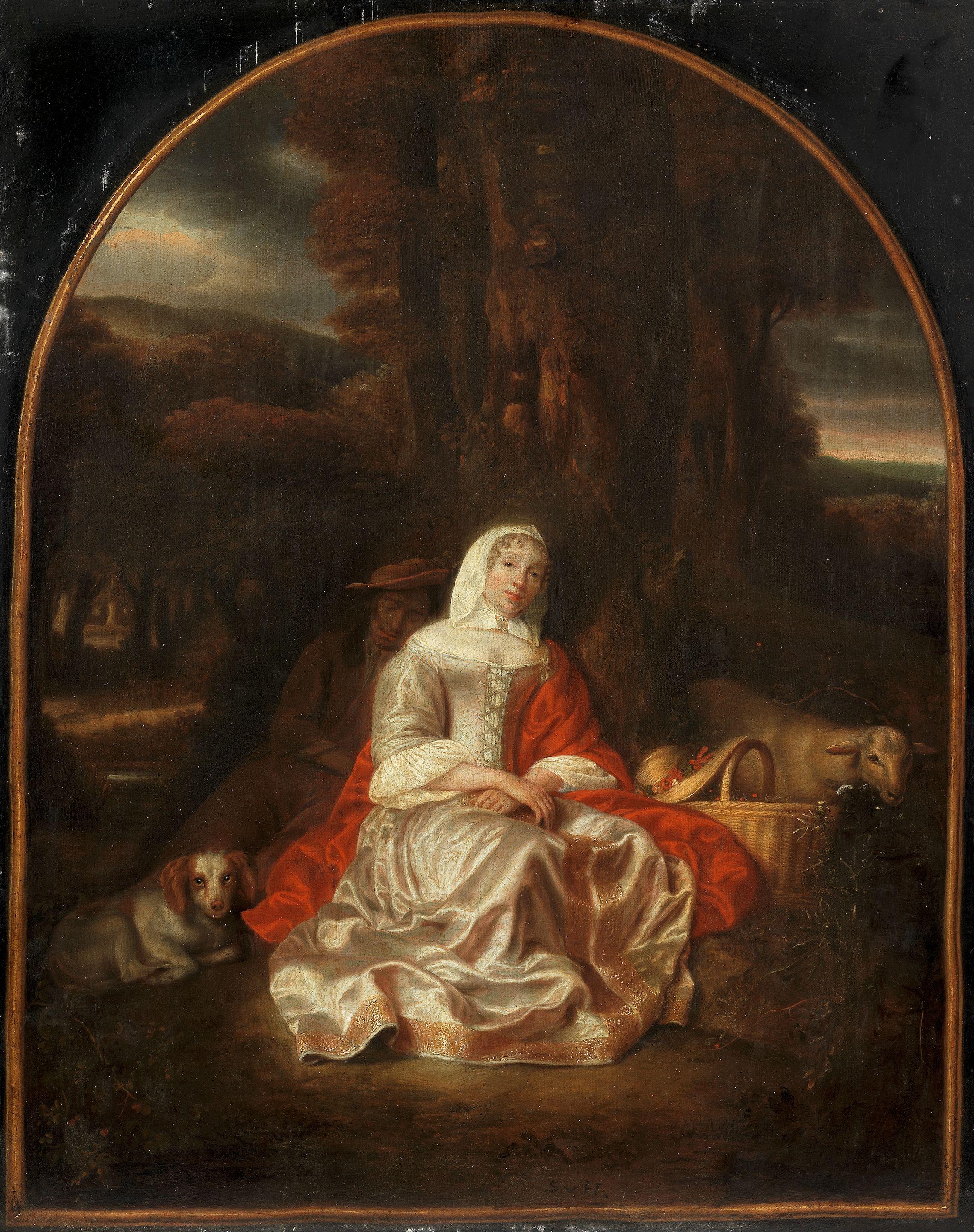 Samuel Van Hoogstraten - A shepherdess and shepherd resting beneath a tree, within a painted arched frame