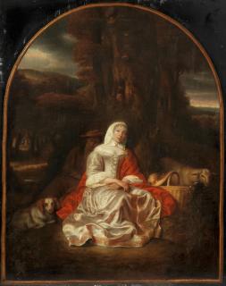 Samuel Van Hoogstraten - A shepherdess and shepherd resting beneath a tree, within a painted arched frame
