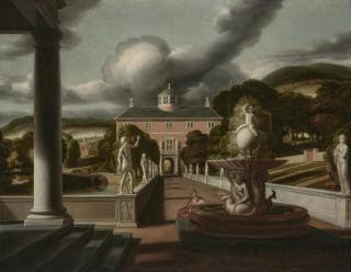 Samuel Van Hoogstraten - A view from a villa, with a woman seated at a fountain and an avenue of statues