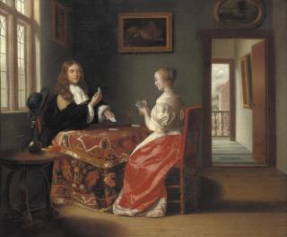 Samuel van Hoogstraten - An elegant couple playing cards