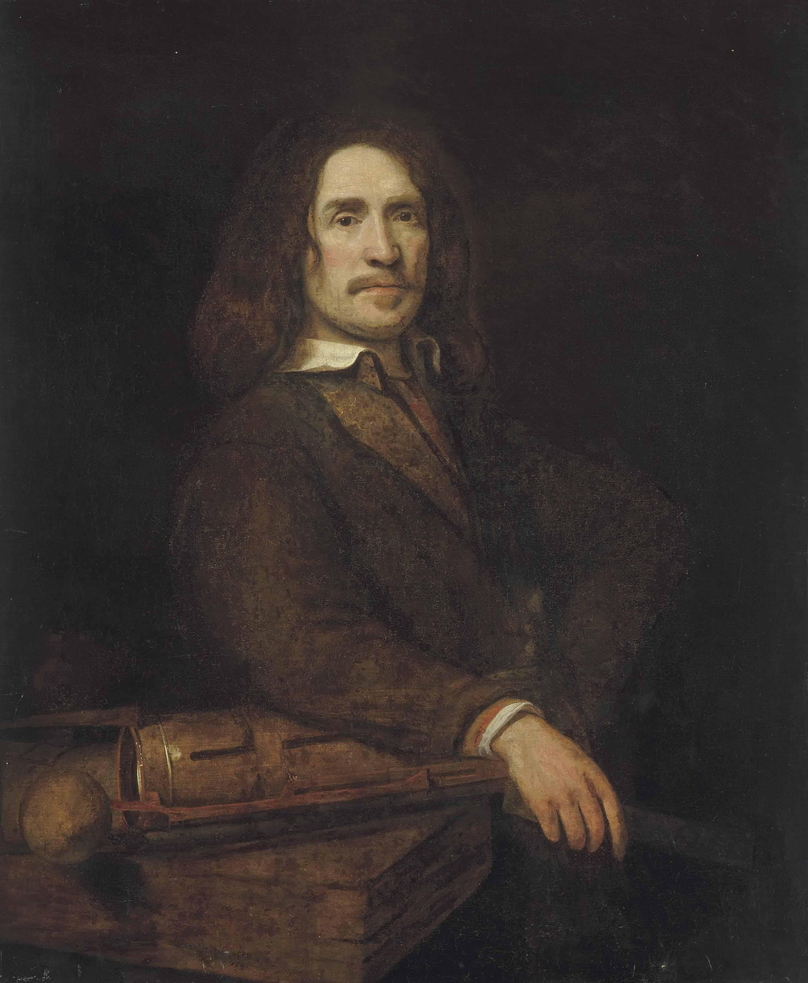 Samuel van Hoogstraten - Portrait of a gentleman, possibly Caspar Calthoff (d.1664), three-quarter-length, in a brown coat, his right arm resting on a water pump