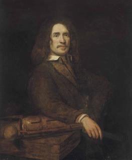 Samuel van Hoogstraten - Portrait of a gentleman, possibly Caspar Calthoff (d.1664), three-quarter-length, in a brown coat, his right arm resting on a water pump