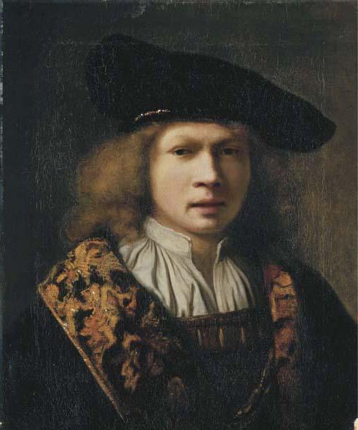 Samuel van Hoogstraten - Portrait of a young man, bust-length, in a brocade-lined cloak and a velvet black cap