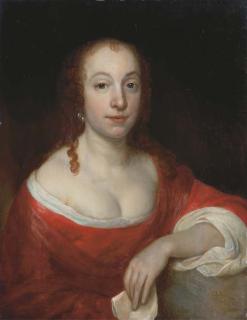 Samuel van Hoogstraten - Portrait of Lady, Half-Length, In A Red And White Dress, A Dark Red Wrap And Pearl Earrings, A Letter In Her Left Hand, Leaning On A Stone Ledge