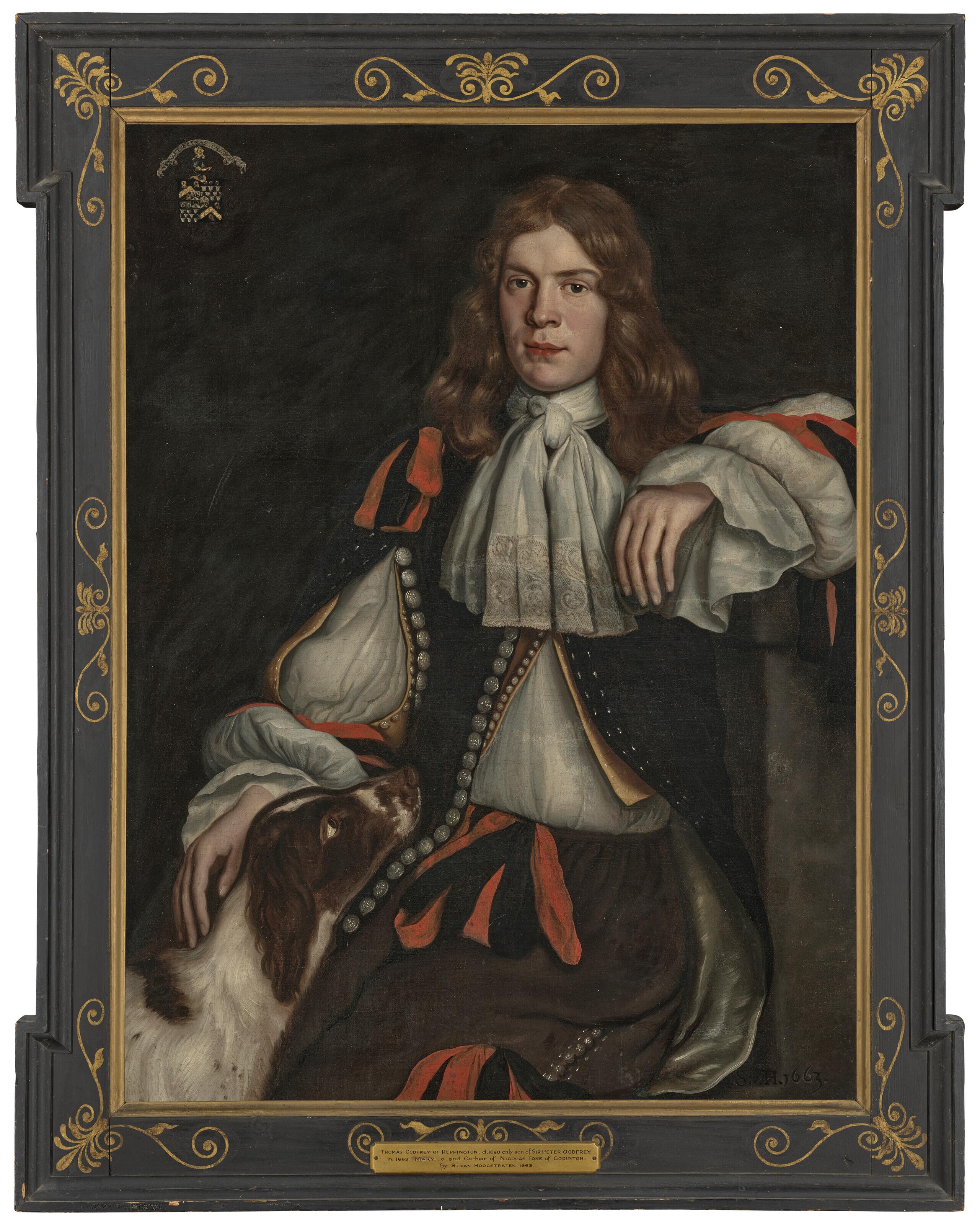 Samuel Van Hoogstraten - Portrait of Thomas Godfrey of Burton Aleph (d. 1690), three-quarter-length, seated, in a black coat with slashed sleeves and red ribbons, with a dog at his side