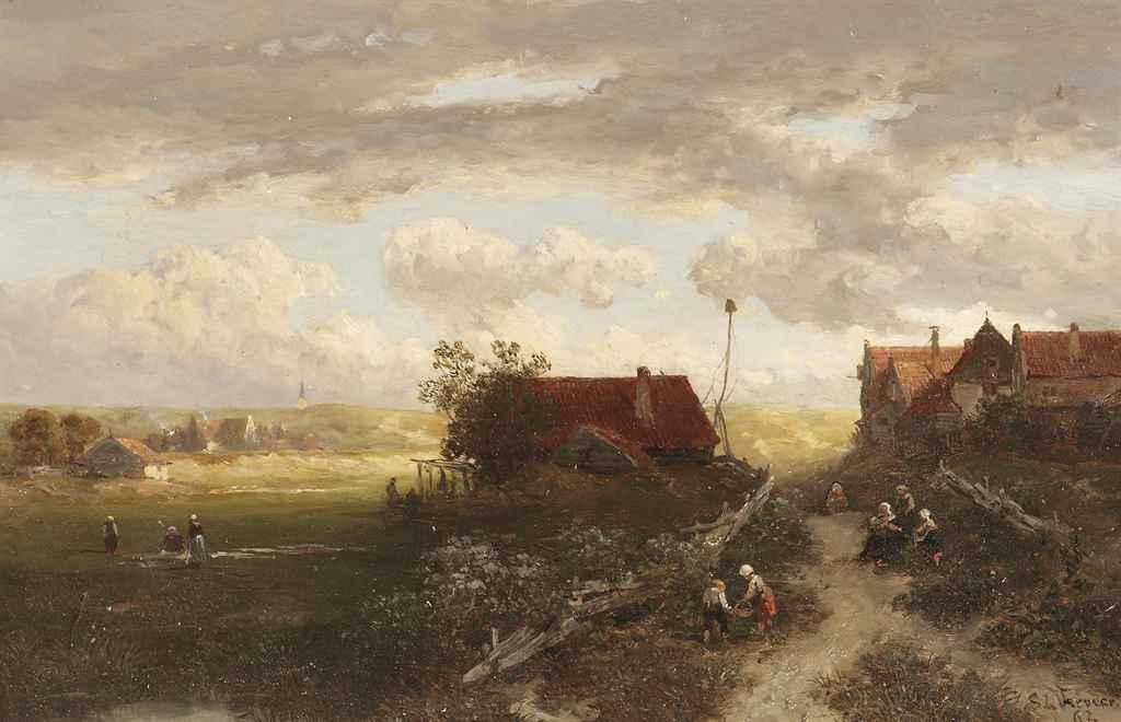 Samuel Verveer - A summer landscape with villagers on a path and woman doing laundry