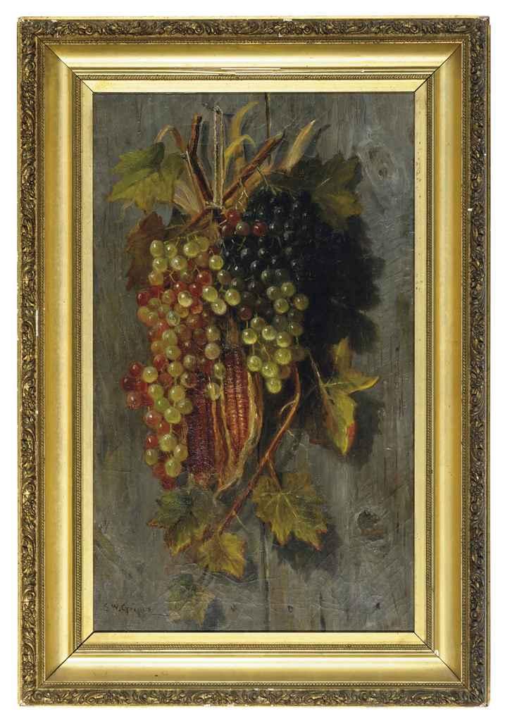 Samuel W. Griggs - Grapes and corn husks hanging against a wooden wall