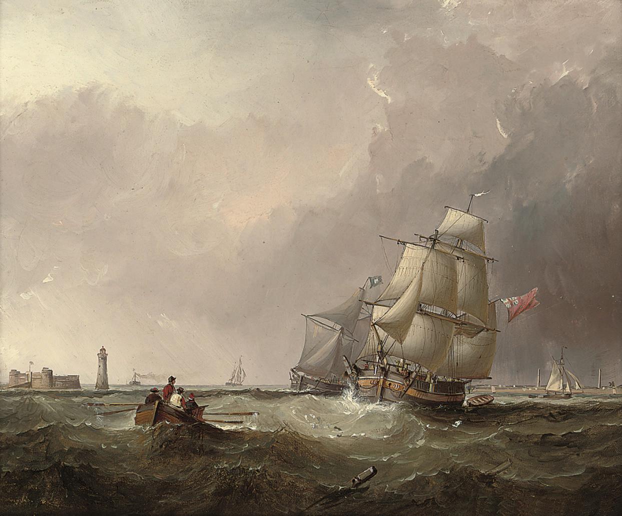 Samuel Walters - Commercial traders running into the Mersey past the Perch Rock fort and lighthouse