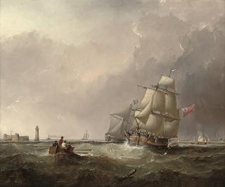 Samuel Walters - Commercial traders running into the Mersey past the Perch Rock fort and lighthouse