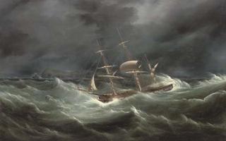 Samuel Walters - The barque Vere in heavy seas in a night gale off the South Stack lighthouse, Anglesey