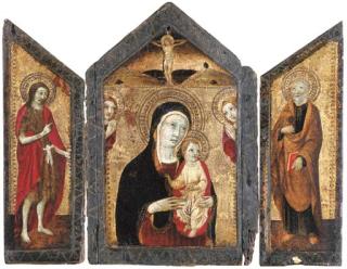 Sano di Pietro - A triptych: the central panel: The Madonna and Child with two angels and Christ on the Cross; the wings: Saint John the Baptist; and Saint Peter