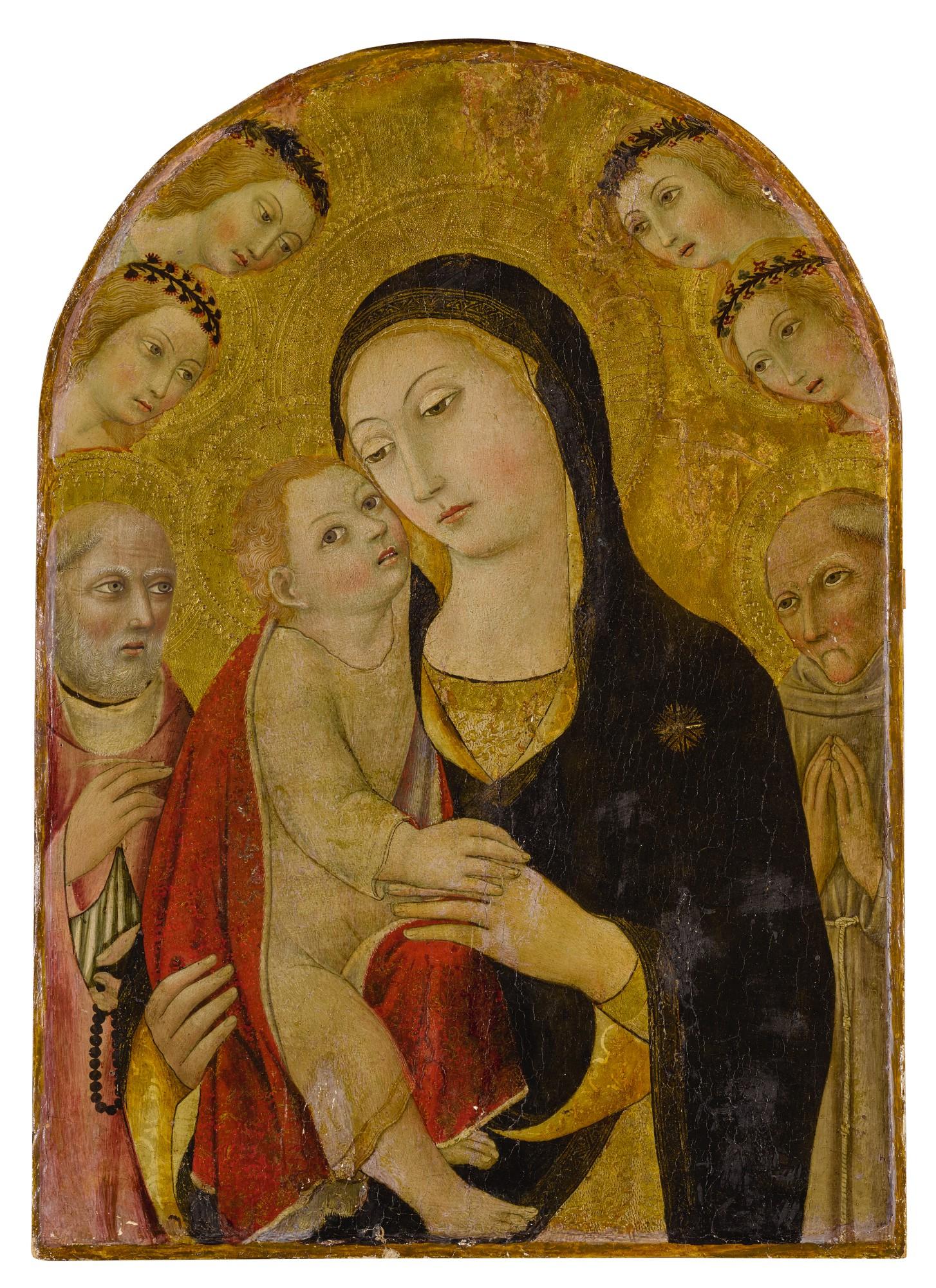 Sano Di Pietro - Madonna and Child surrounded by Saint John, Saint Bernardino of Siena, and angels