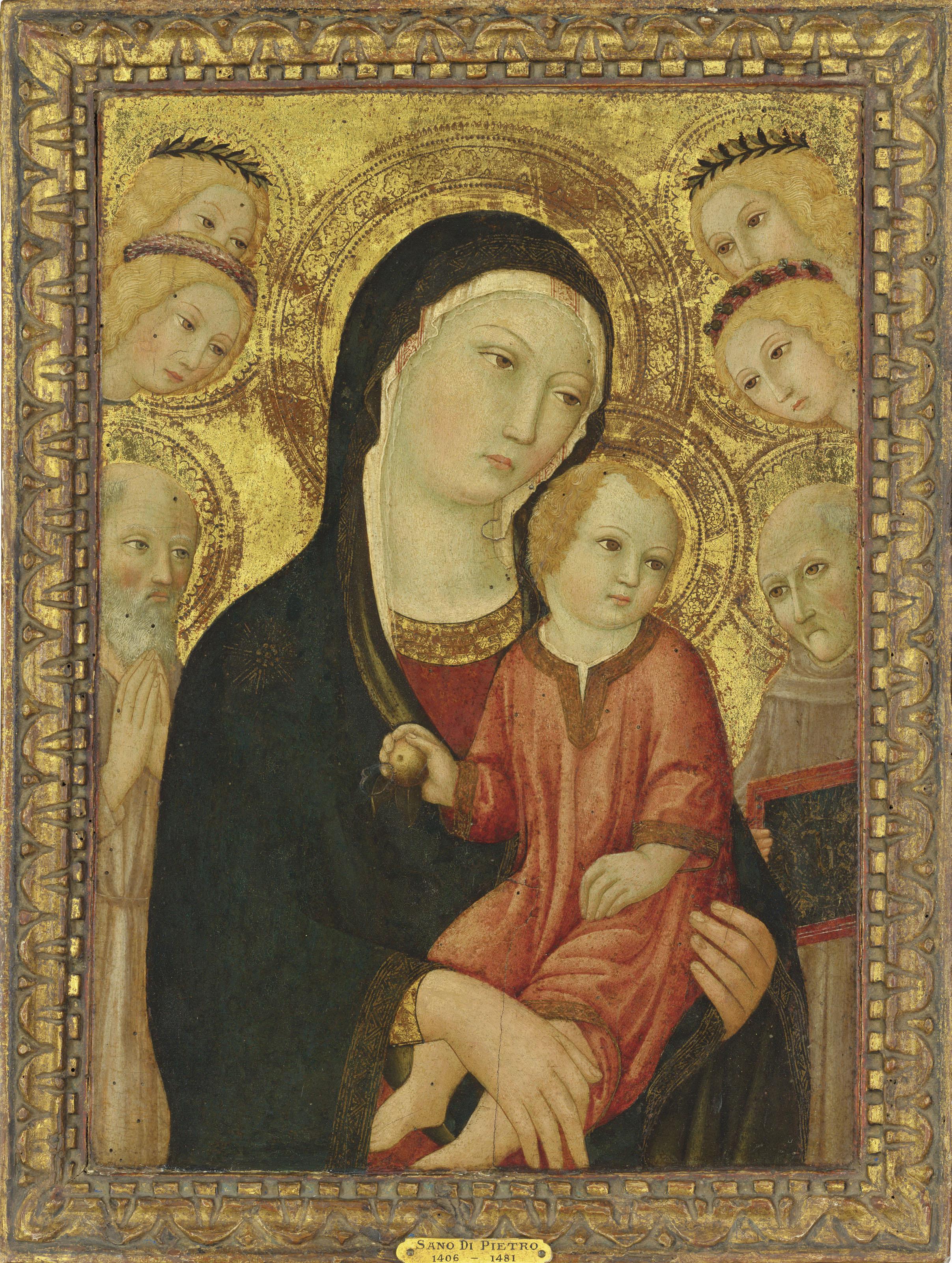 Sano Di Pietro - The Madonna and Child with Saints Anthony Abbot and Bernardino of Siena, with attendant angels