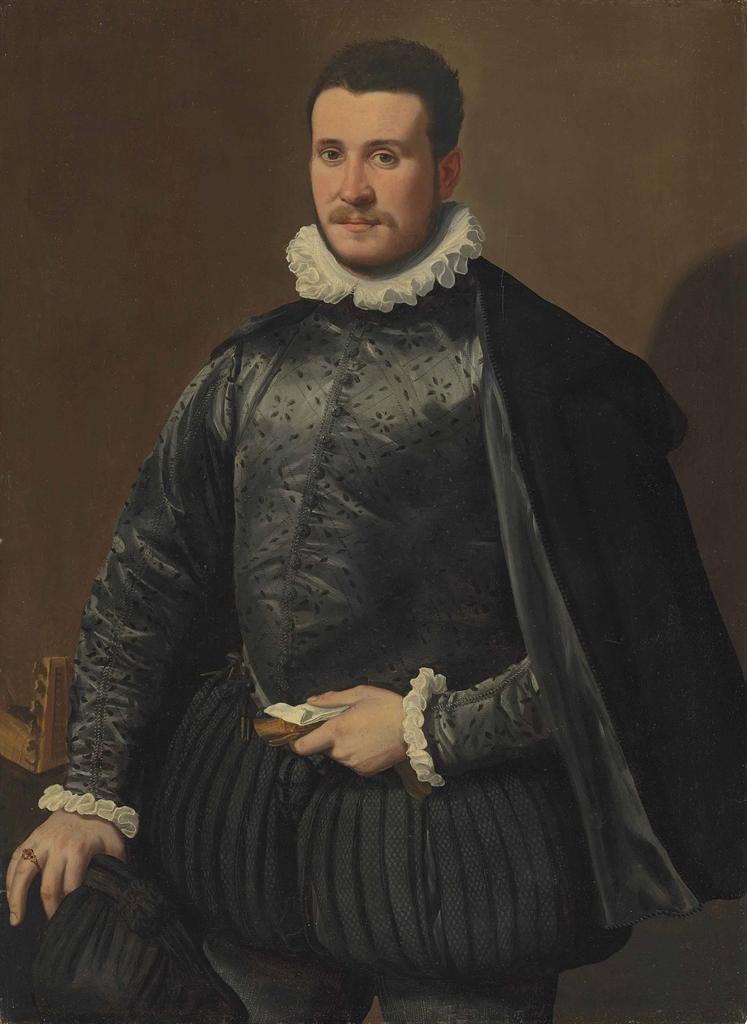 Santi Di Tito - Portrait of a gentleman, three-quarter-length, in a black embroidered silk doublet and cloak, with a ruff, holding gloves and a letter in his left hand, a lute on the table