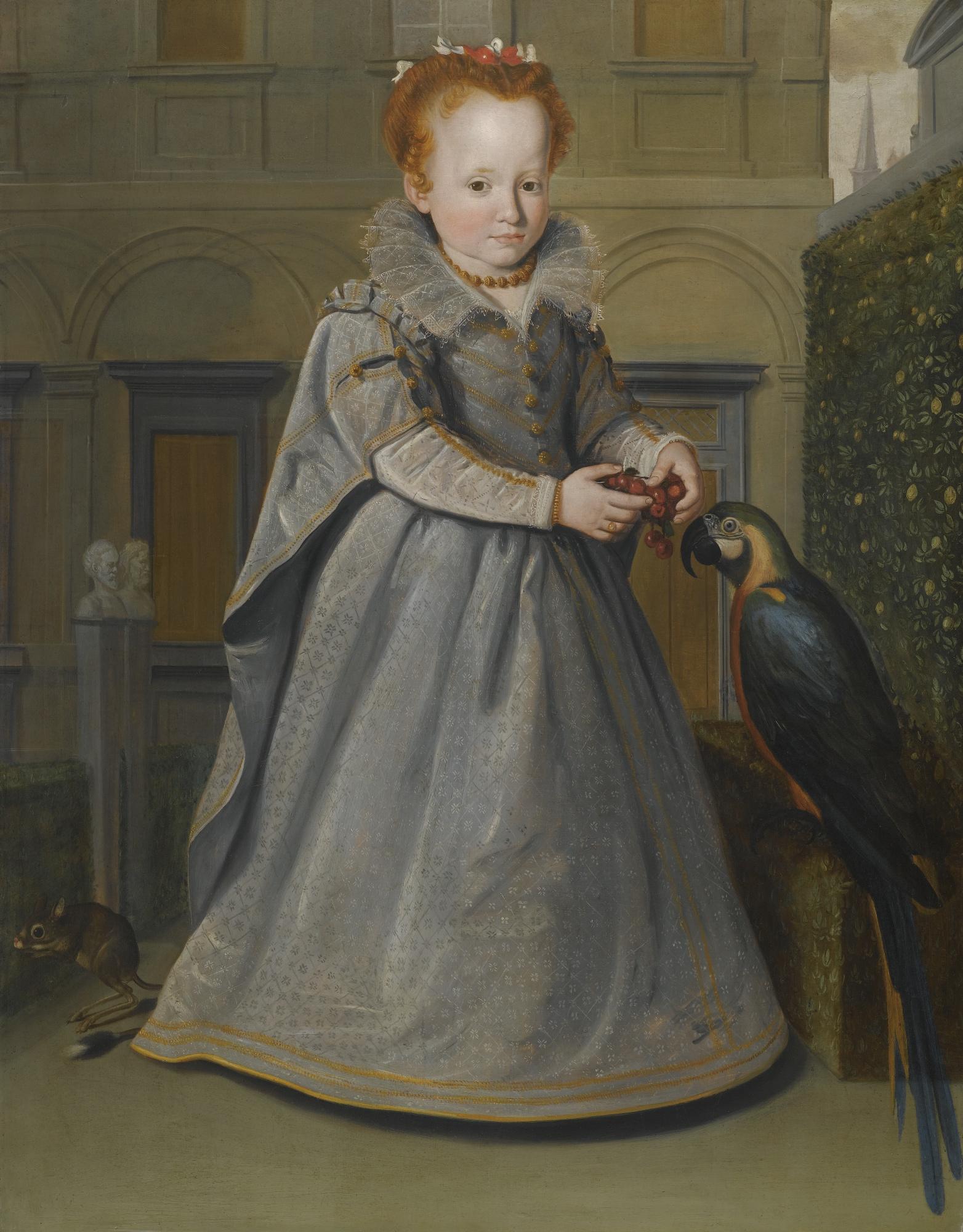Santi Di Tito - Portrait Of Lucrezia, Daughter Of Niccolò Di Sinibaldo Gaddi, Standing Full-Length In The Garden Of The Palazzo Gaddi, With A Macaw And A Jerboa