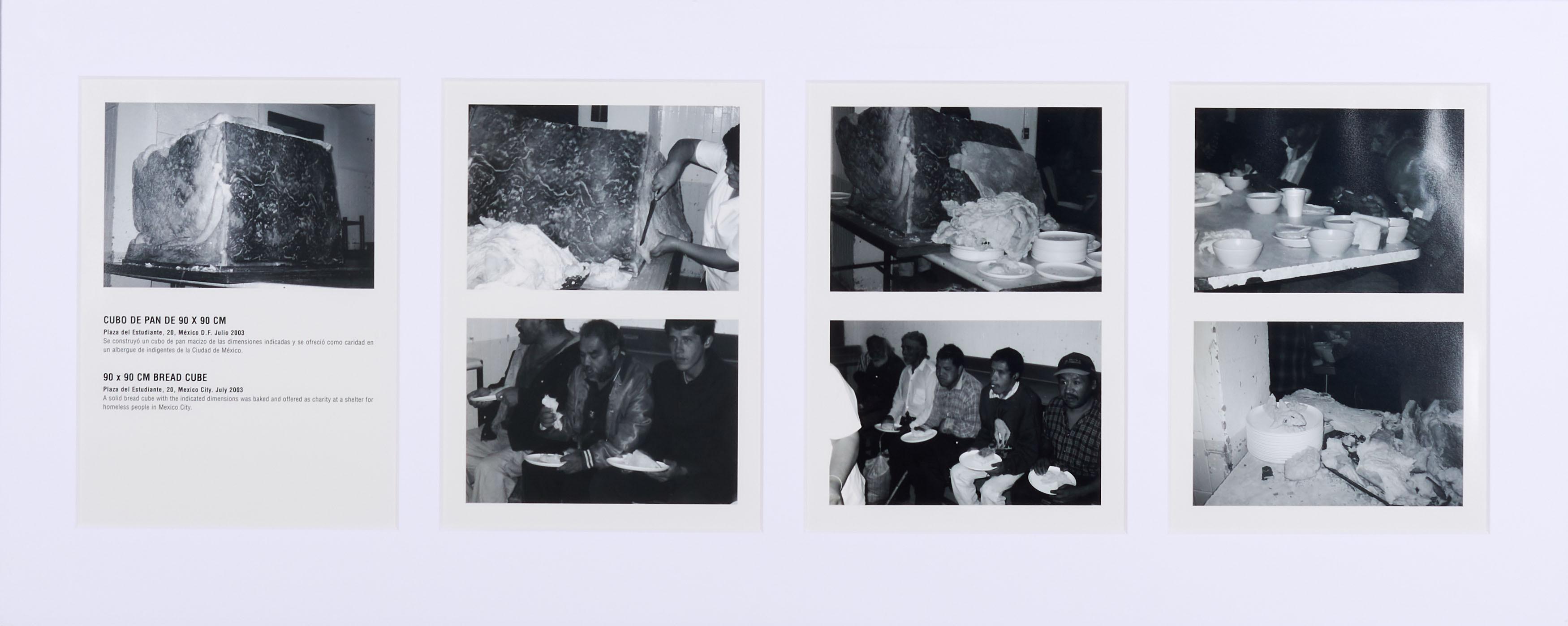 Santiago Sierra - 90 x 90 cm Bread Cube. Plaza del Estudiante, 20, Mexico City, July 2003.