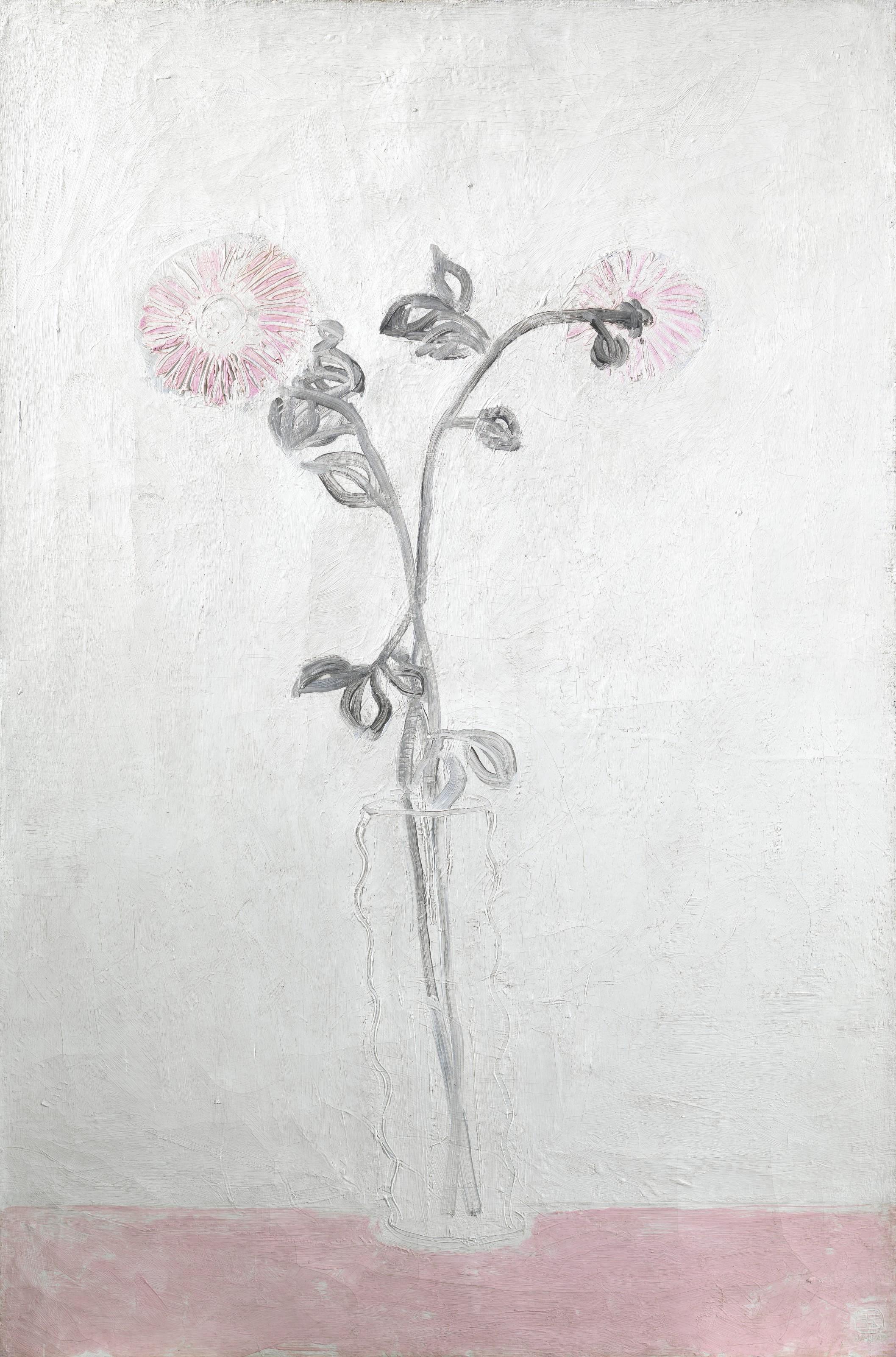 Sanyu - Two Pink Chrysanthemums in a Clear Vase