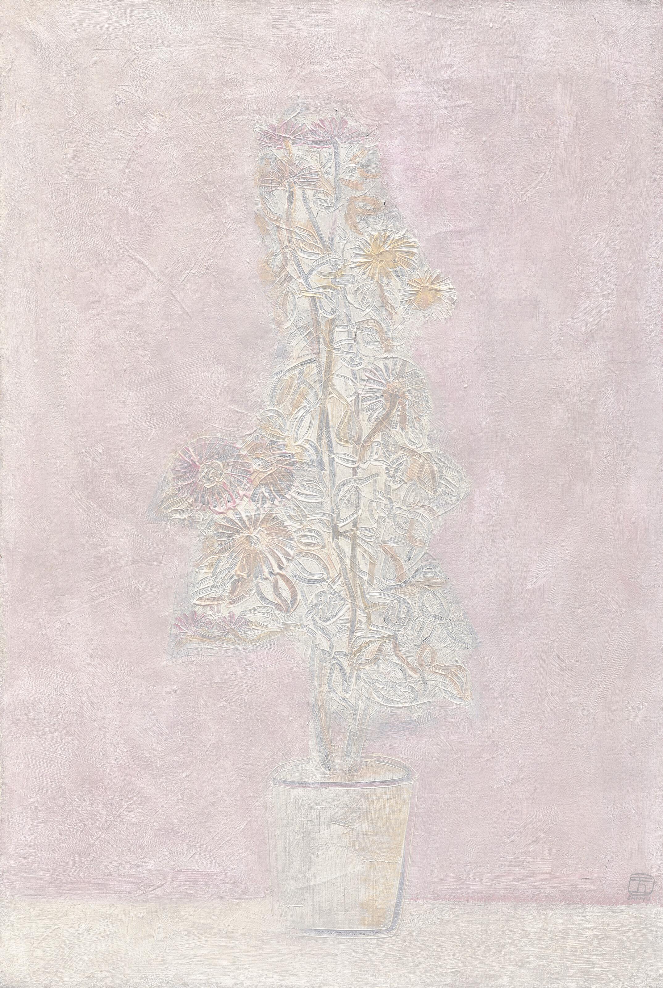 Sanyu - Vase blanc, fleurs blanches, fond rose (White Pot, White Flowers, Pink Background)