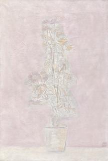 Sanyu - Vase blanc, fleurs blanches, fond rose (White Pot, White Flowers, Pink Background)