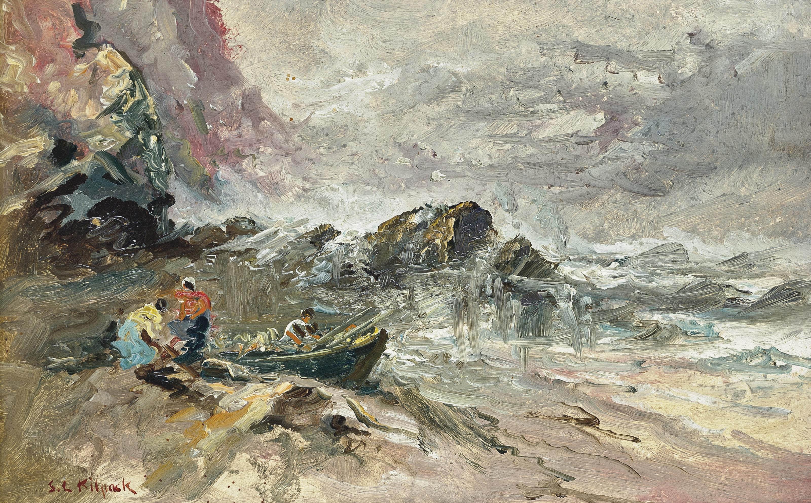 Sarah Louisa Kilpack - Fisherfolk packing up for the day (illustrated); and Fishing boats hauled up on the beach