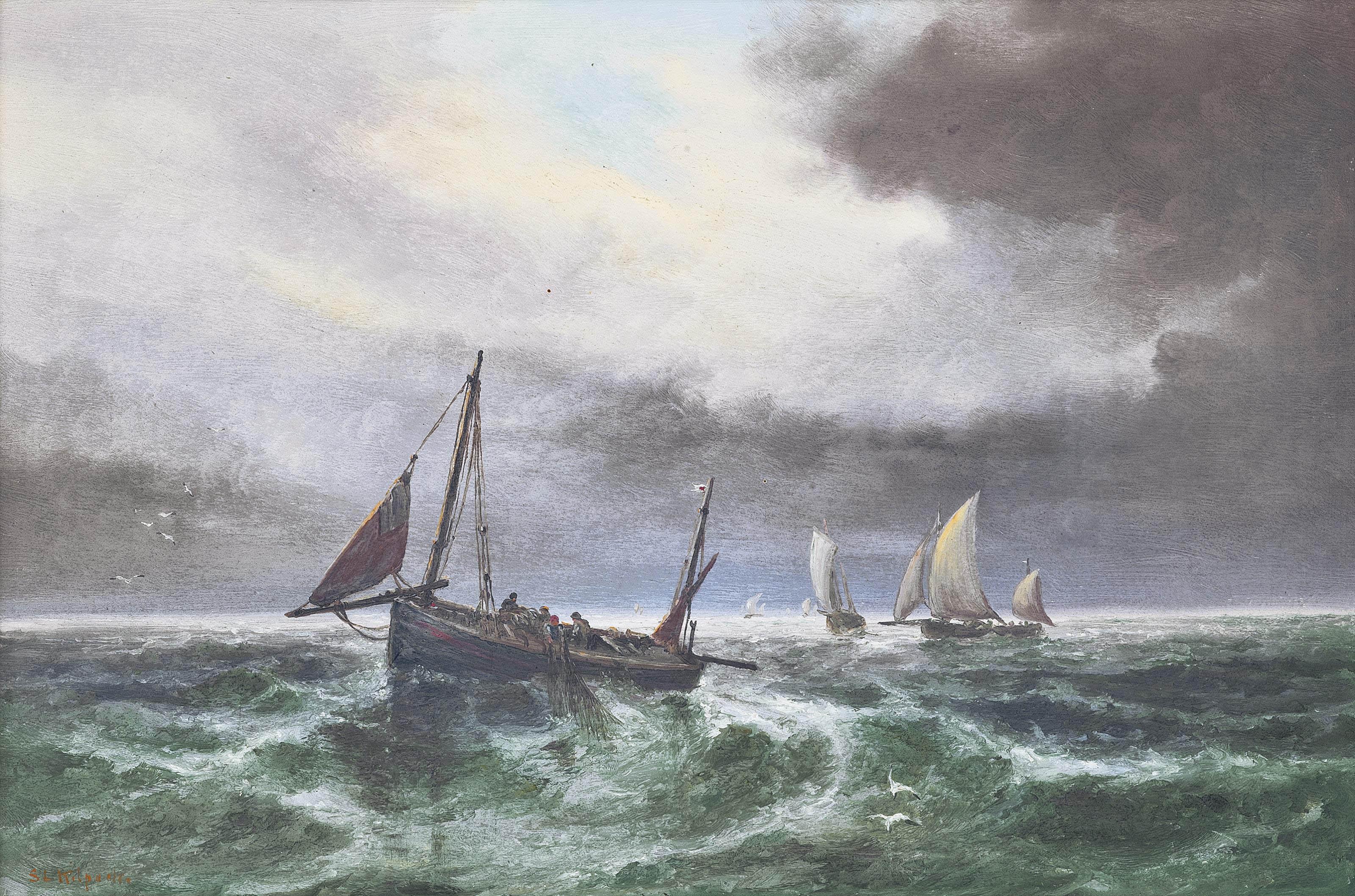 Sarah Louisa Kilpack - Fishermen hauling in the nets, Jersey (illustrated); and A fishing boat reefed-down in a squall