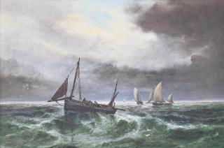 Sarah Louisa Kilpack - Fishermen hauling in the nets, Jersey (illustrated); and A fishing boat reefed-down in a squall