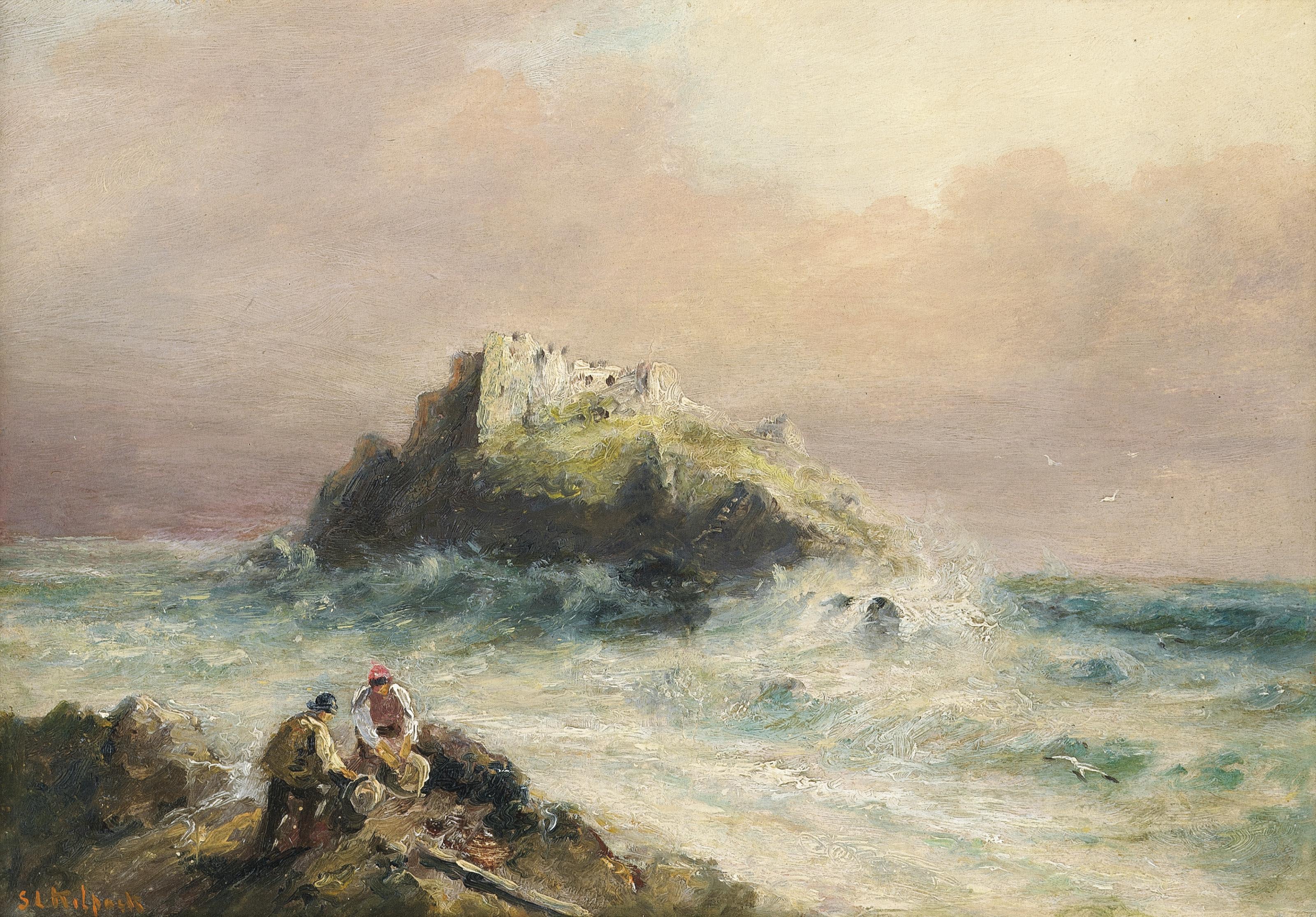 Sarah Louisa Kilpack - Fishermen on the rocks before a castle (illustrated); and Figures on the beach at low tide