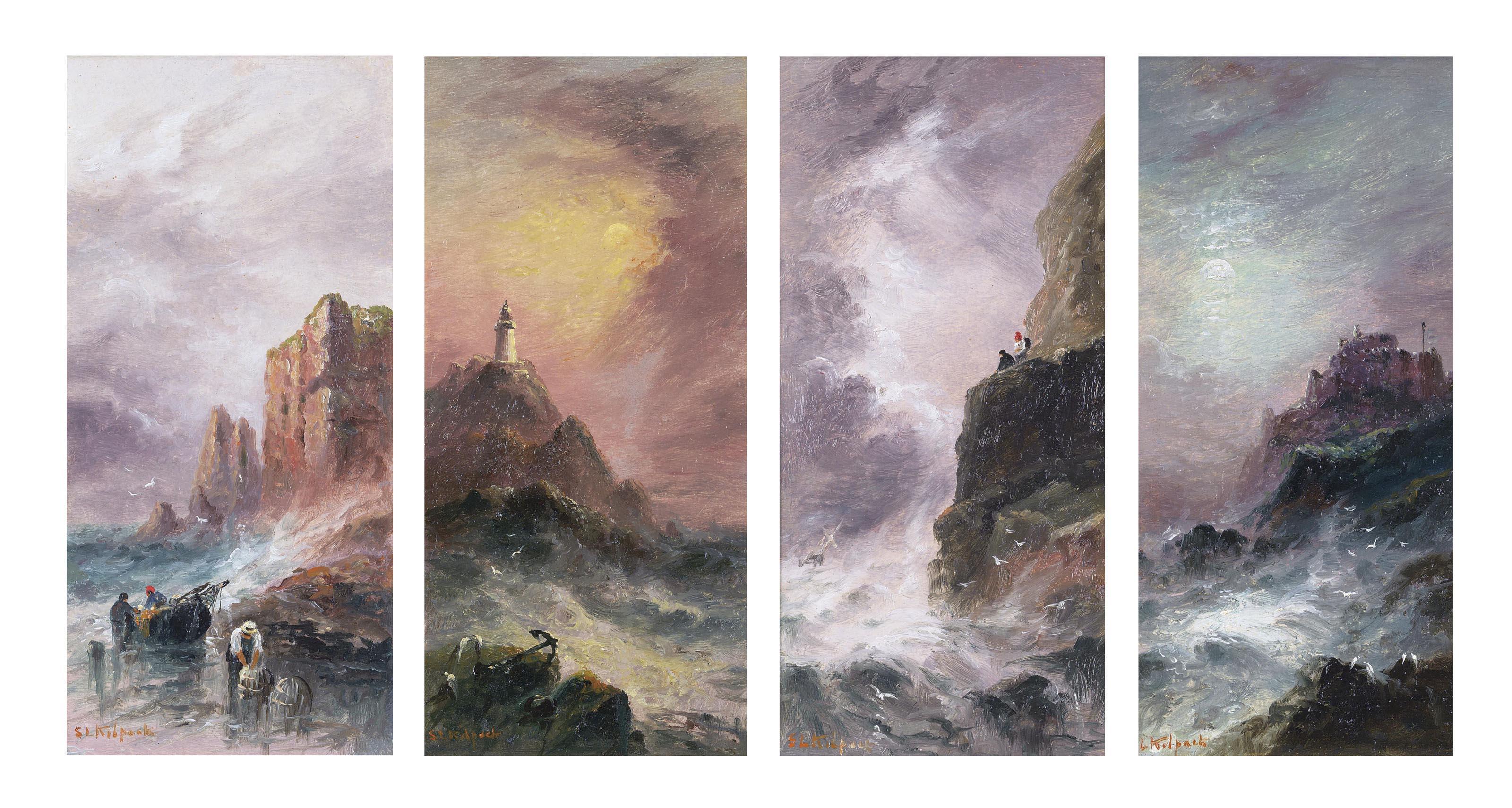 Sarah Louisa Kilpack - On the West Coast; La Corbière Lighthouse, Jersey; Shipping in a heavy swell, with figures on the rocks; and Gorey Castle by moonlight (all illustrated)