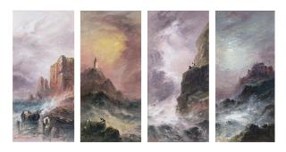 Sarah Louisa Kilpack - On the West Coast; La Corbière Lighthouse, Jersey; Shipping in a heavy swell, with figures on the rocks; and Gorey Castle by moonlight (all illustrated)