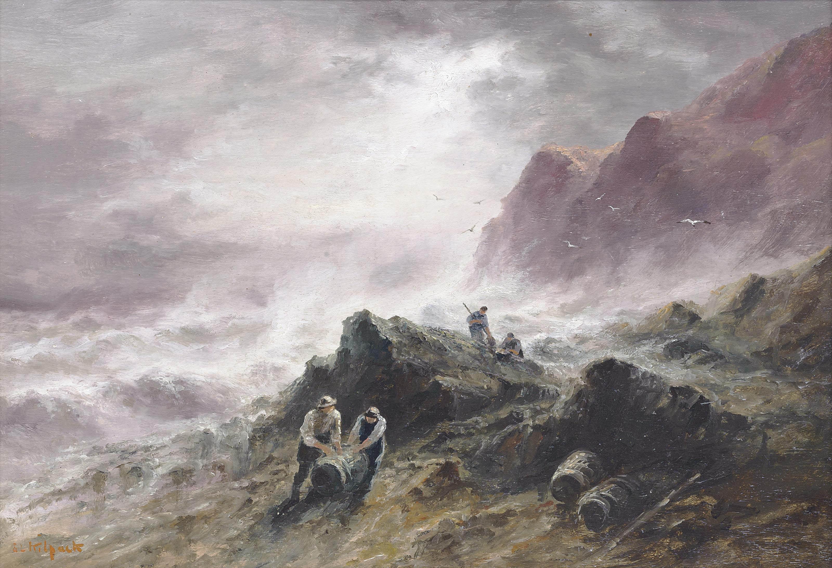 Sarah Louisa Kilpack - Salvagers hauling barrels onto the rocks, Jersey (illustrated); and A cave at Plemont, Jersey