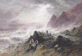 Sarah Louisa Kilpack - Salvagers hauling barrels onto the rocks, Jersey (illustrated); and A cave at Plemont, Jersey