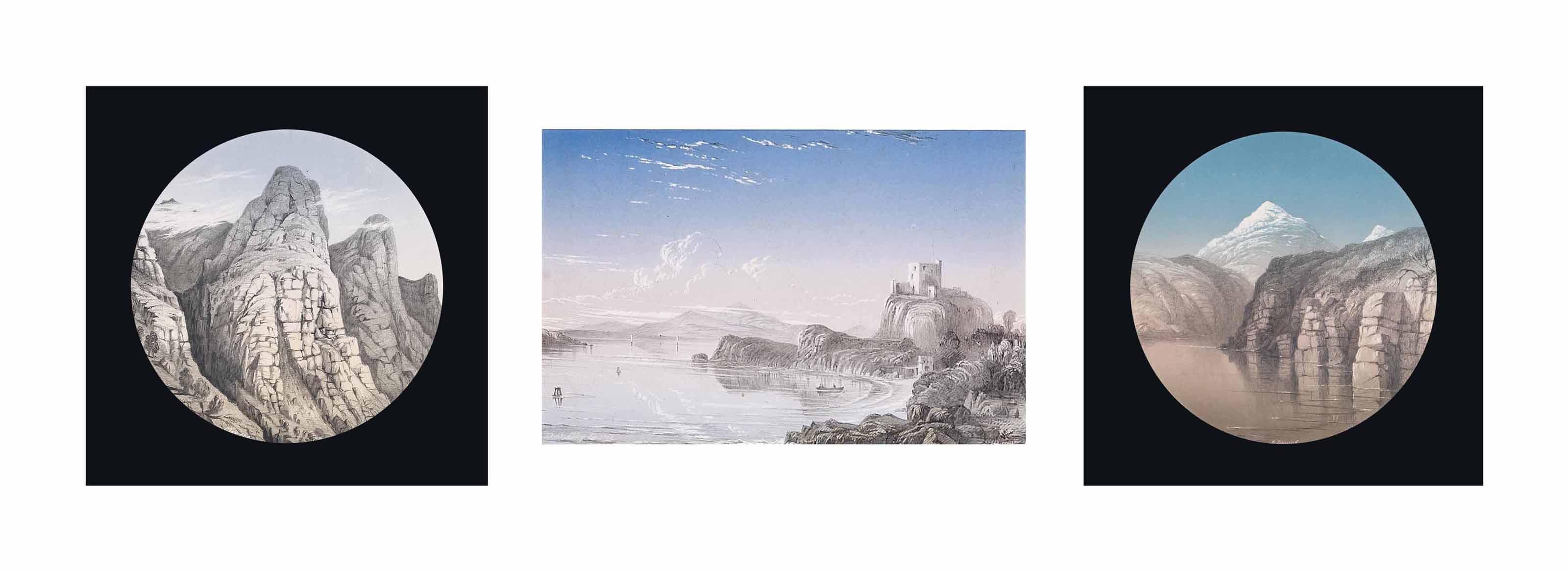 Sarah Sherwood Clarke - Ten sketches in Scotland: Glencoe; Dunolly Castle (2); Glen Nevis (2); Ben Nevis; Loch Lomond; Roslin Castle; and two others (three illustrated)