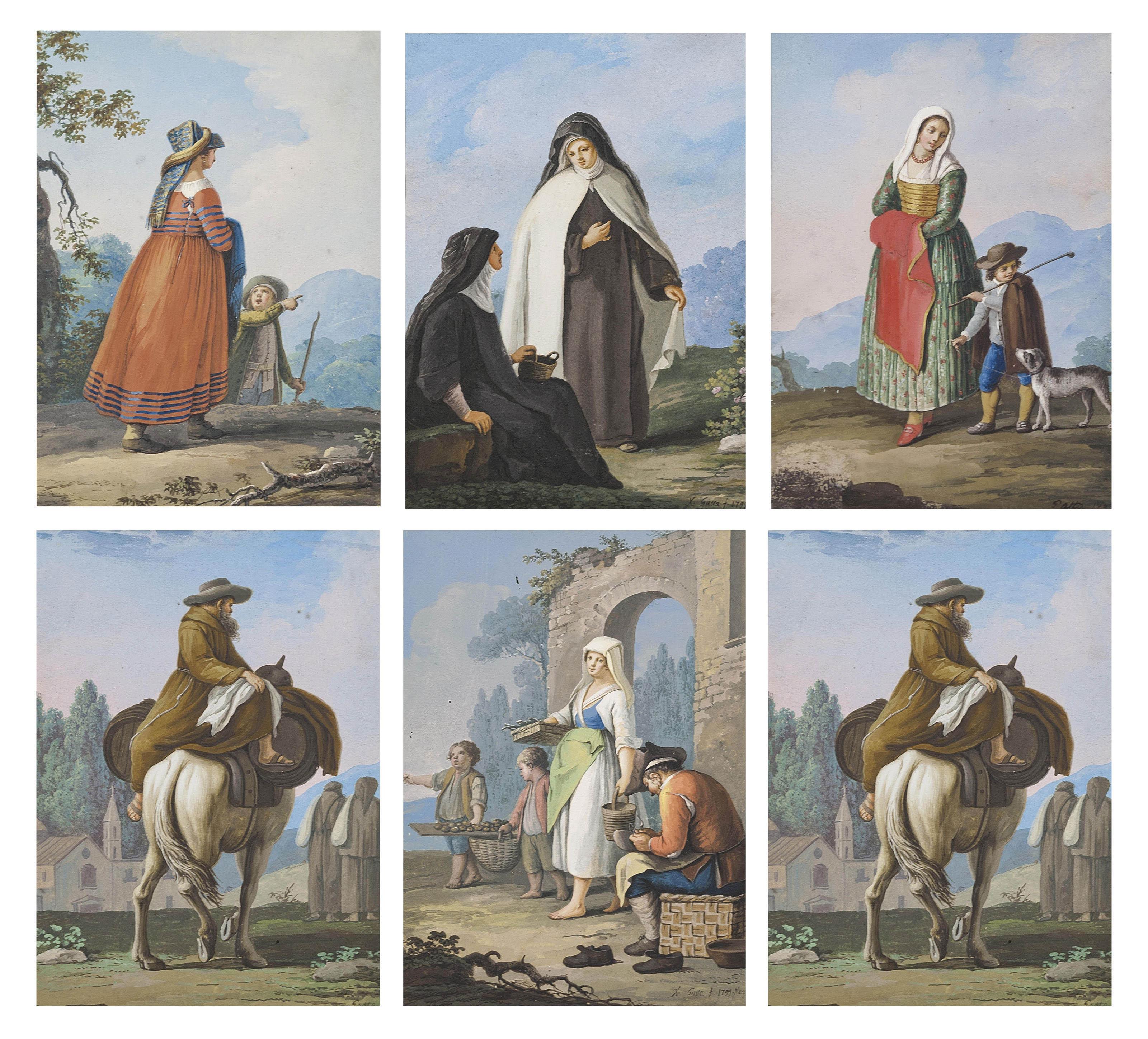 Saverio della Gatta - A set of three Neapolitan costume studies; and A set of three Neapolitan street scenes