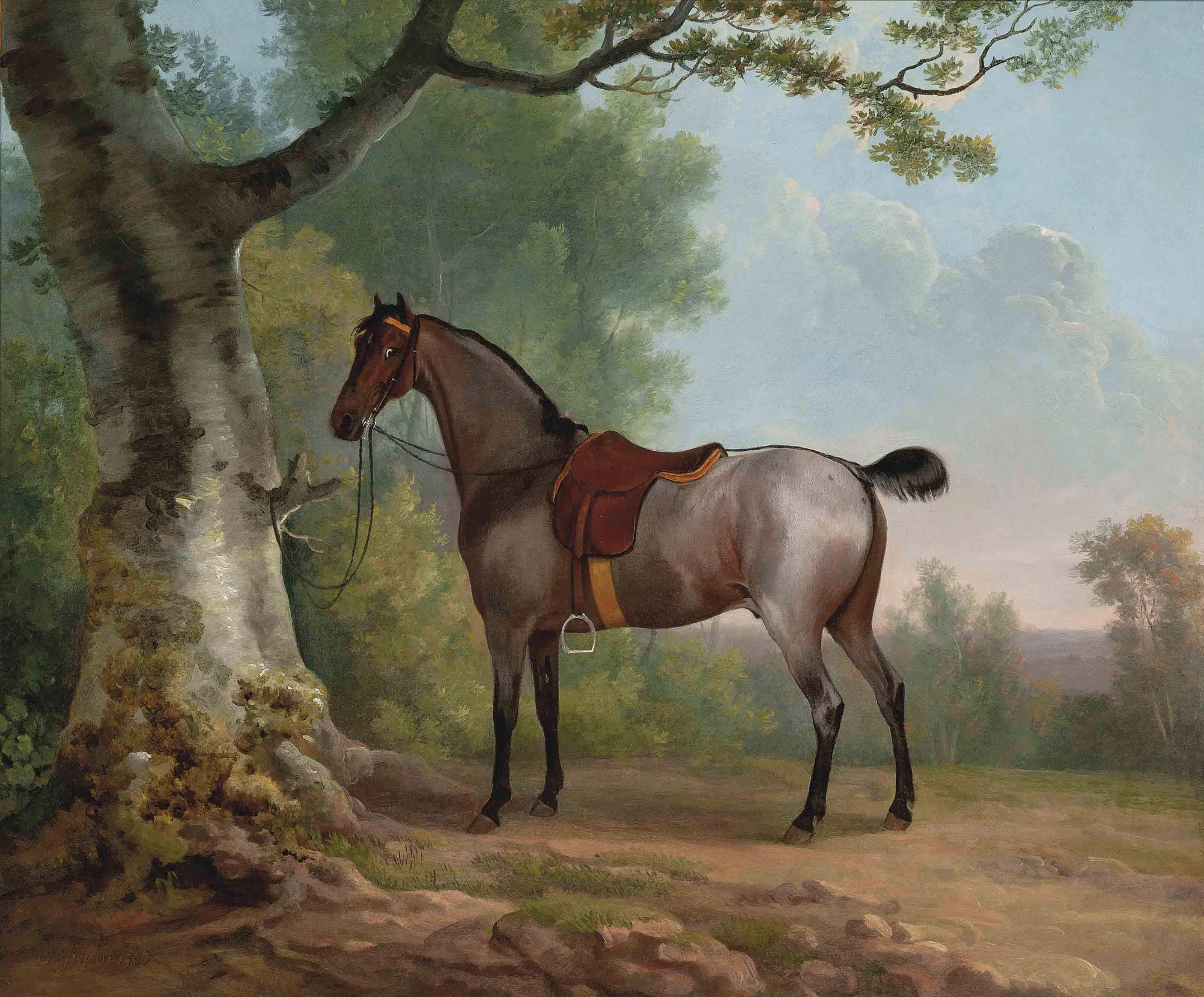 Sawrey Gilpin, R.A. - A saddled strawberry roan hunter, tethered to a tree, in a landscape