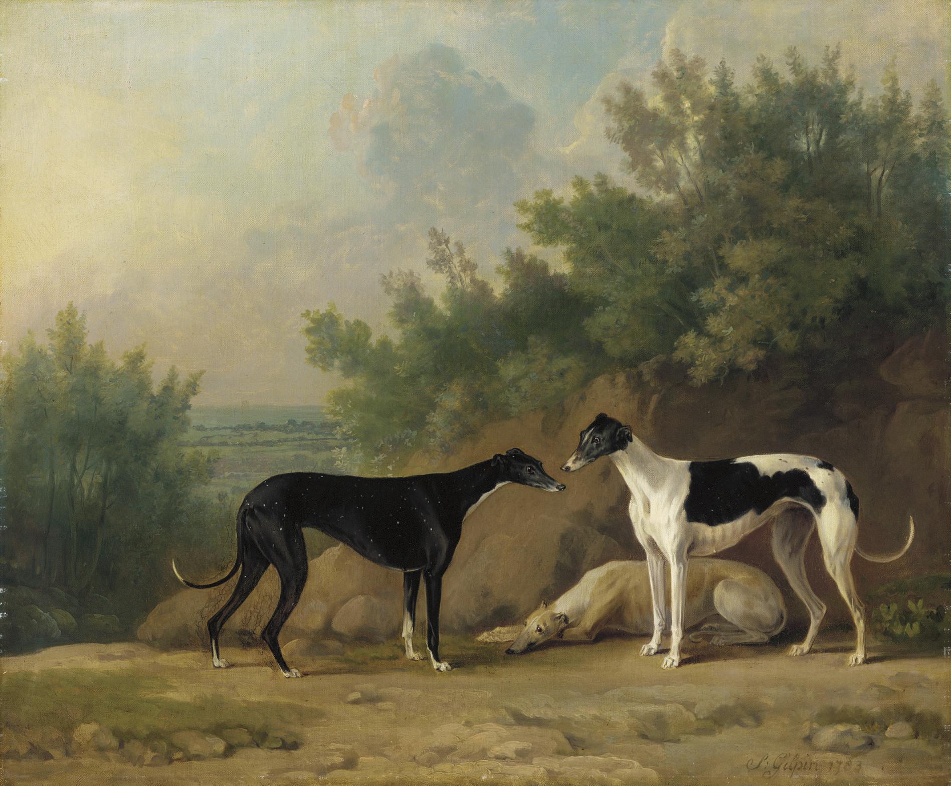 Sawrey Gilpin, R.A. - Three greyhounds in an extensive landscape