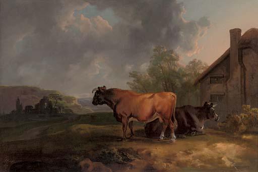 Sawrey Gilpin - Cattle in a landscape by a cottage, with ruins beyond