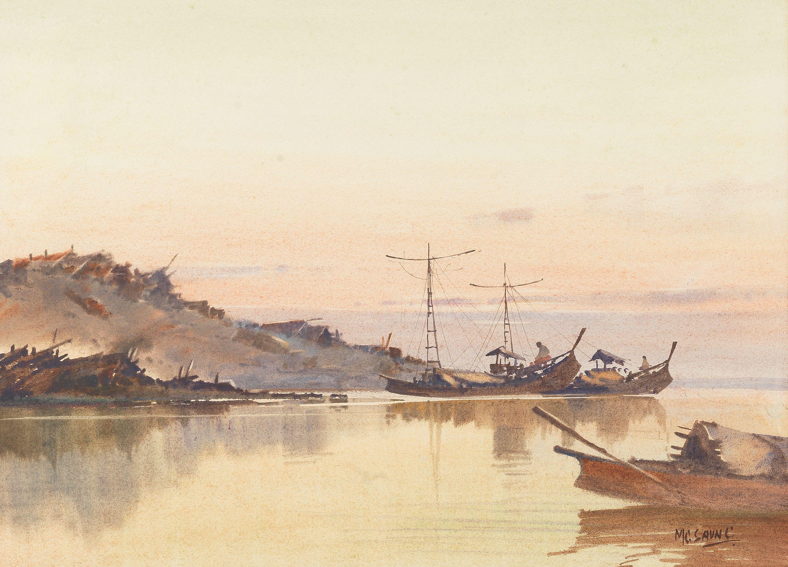 Saya Saung - A Burmese river landscape with farmer and ox; Burmese paddy boats on a river, a set of two