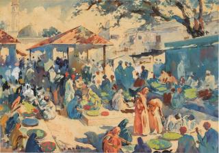 Sayed Haider Raza - A small town market where farmers are selling their produce