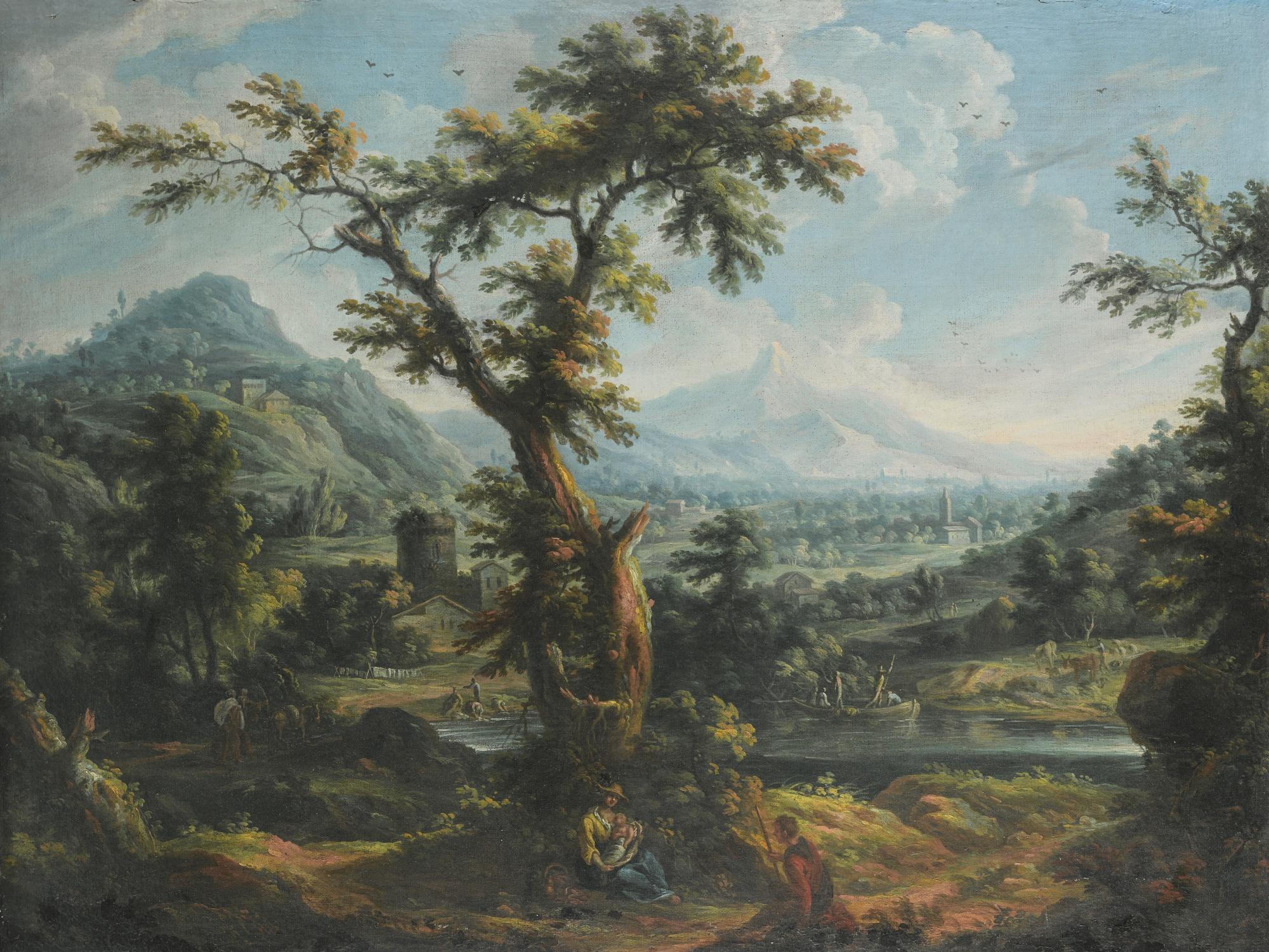 Scipione Cignaroli - A View Of The Susa Valley, Piedmont, With A Shepherd And A Mother And Child In The Foreground, Other Figures In A Boat And On The Bank Of A River Beyond
