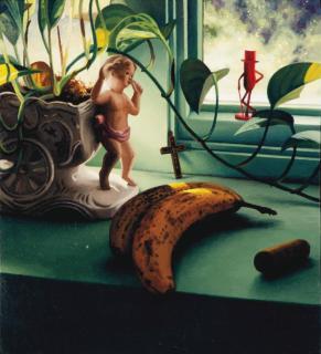Scott Prior - Still life with cherubic figure, bananas, wine cork and Mr. Peanut figurine