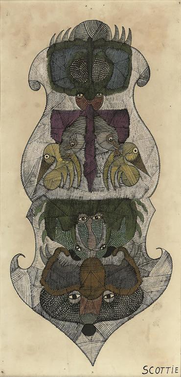 Scottie Wilson - Face and birds; two further untitled works