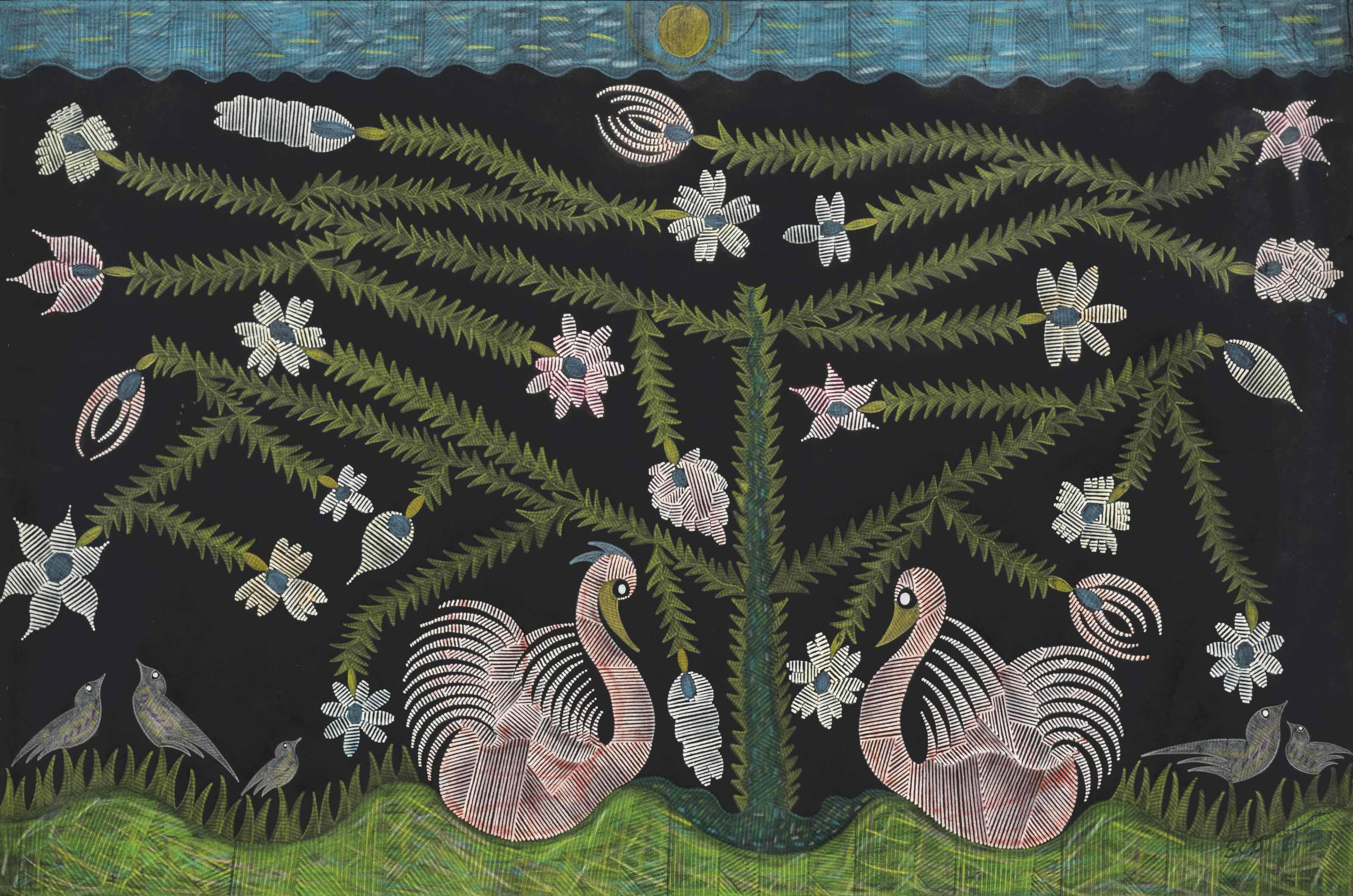 Scottie Wilson - The Lovebirds; together with two unframed works by the same hand