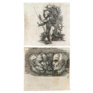 Sebald Beham - Recto: A Putto Standing Beside A Flaming Urn Verso: Four Studies Of Men\'S Heads