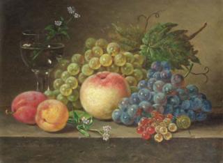 Sebastiaan Theodorus Voorn Boers - A still life with peaches and grapes on a ledge