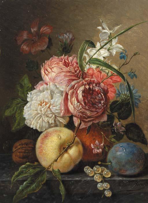 Sebastiaan Theodorus Voorn Boers - A still life with roses, a plum, a peach and walnut on a stone ledge